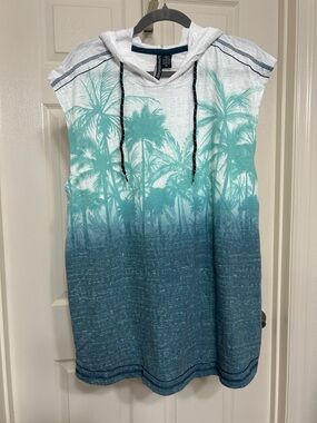Hard Edge Hooded Muscle Tank Tropical Lightweight Palm Tree Print Teal Ombre XL